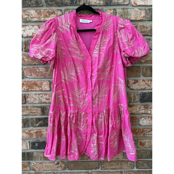 Taelynn Size Large Pink Gold Boutique Dress Puff Sleeve Feminine Spring Summer - Picture 3 of 5